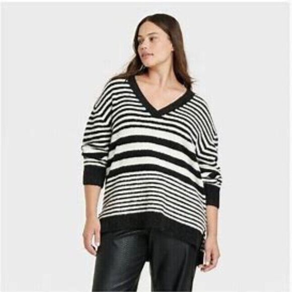 Ava & Viv Chic Striped Black and White Sweater Soft Fuzzy Comfy Plus Size 2X NWT - Picture 1 of 14
